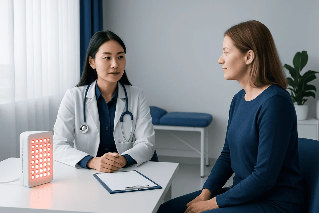 Doctor consulting with patient in a medical office with red light therapy device.