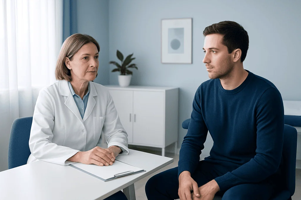 Doctor consulting with a young male patient in a medical office.
