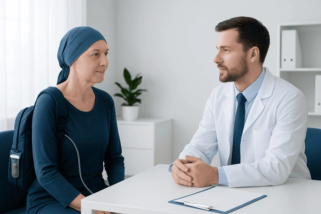 Doctor consulting with a female patient in a medical office.