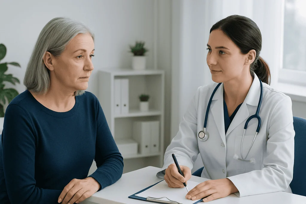 Doctor consulting with an elderly woman in a medical office.
