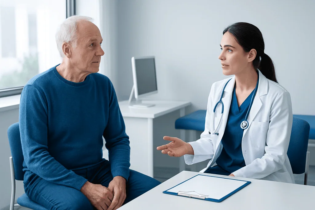 Doctor consulting with elderly patient in a medical office.