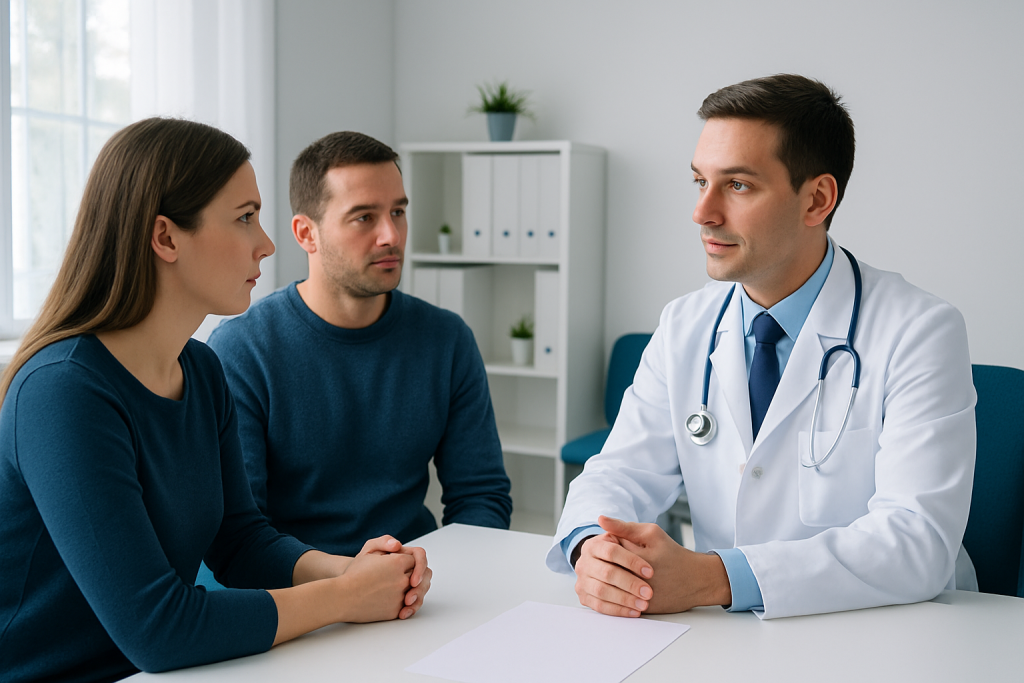 Doctor consulting with a couple in a medical office setting.