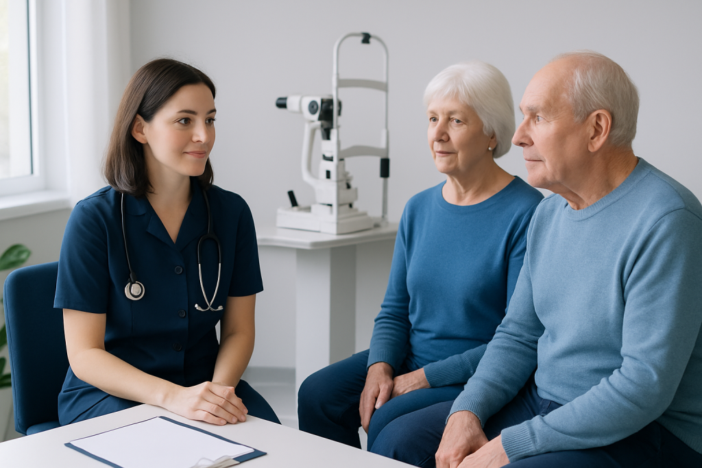 Optometrist consulting elderly couple about eye health in clinic.