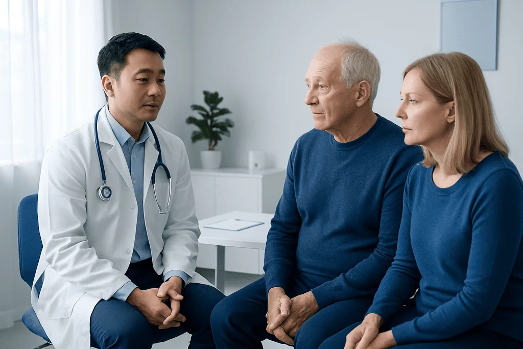 Doctor consulting with elderly male and female patients in a medical office.