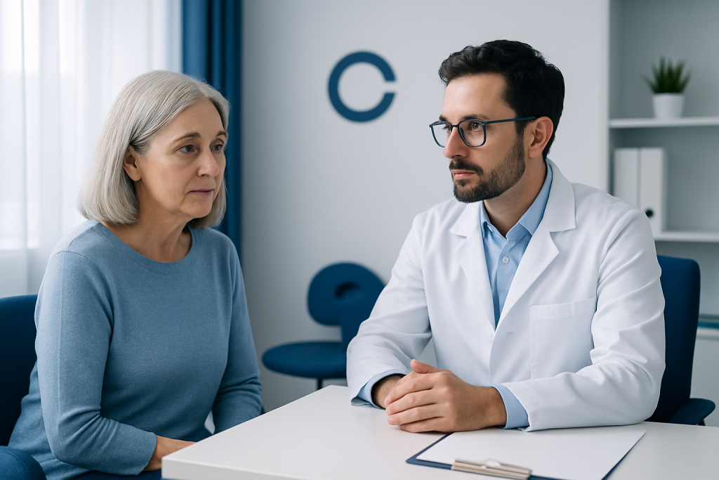 Doctor consulting with an elderly woman in a medical office setting.