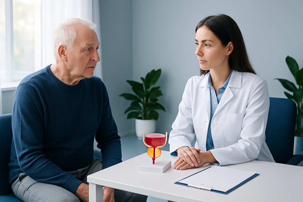 Urologist consulting elderly male patient about prostate health treatment options.