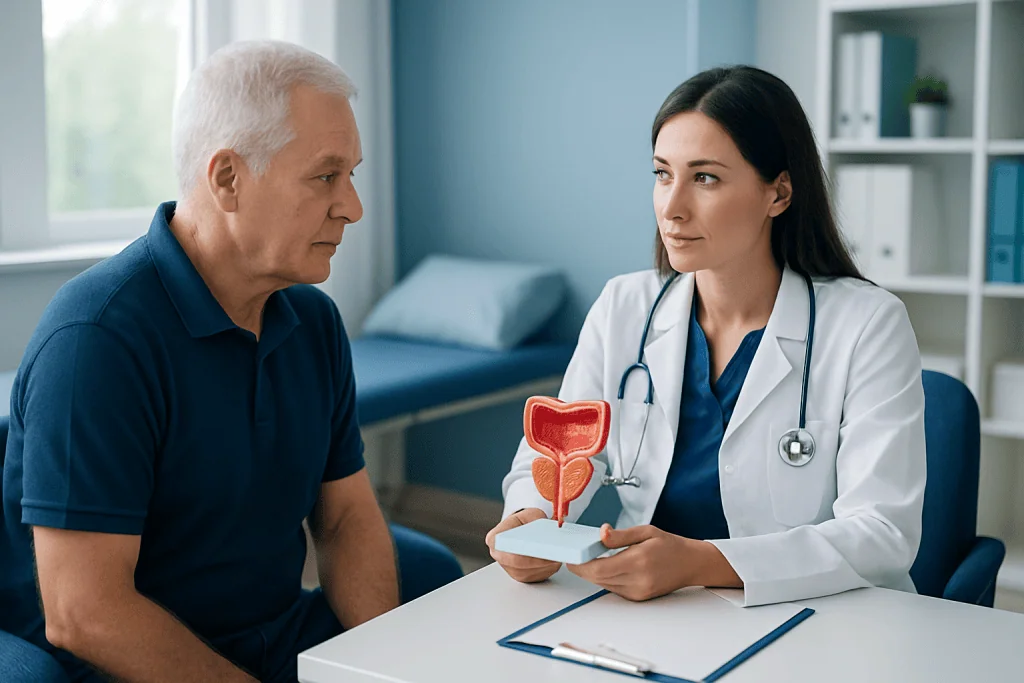 Urologist explaining prostate model to patient in consultation room.