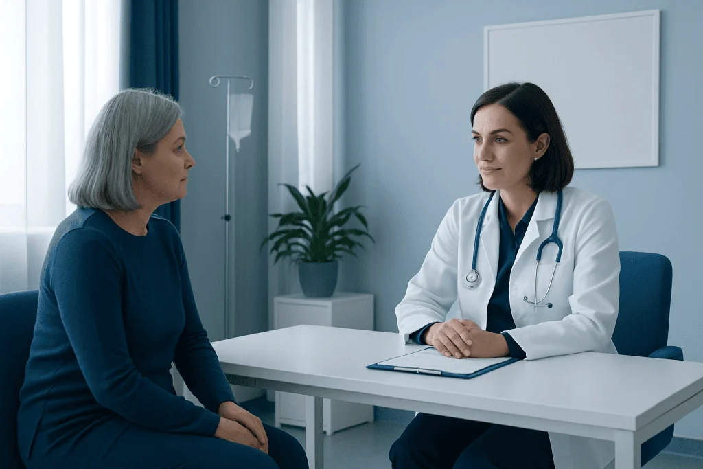 Doctor consulting with a patient in a modern medical office.