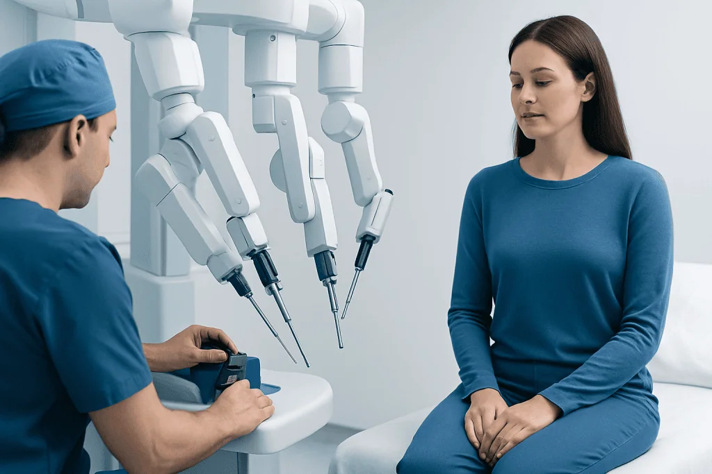 Robotic surgical system performing minimally invasive procedure on a female patient.