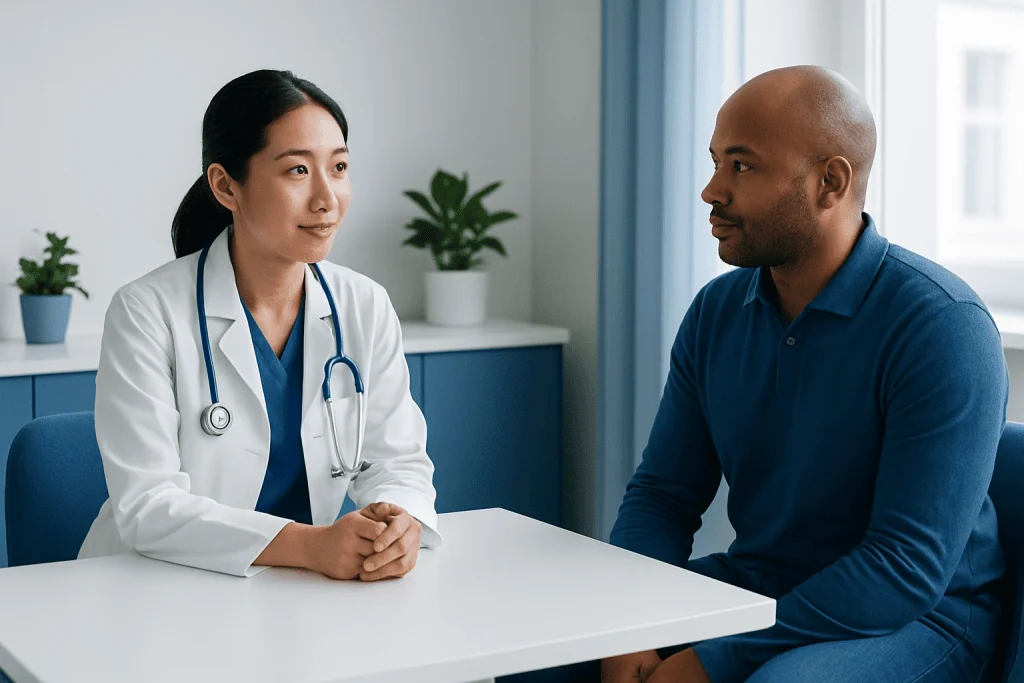 Doctor consulting with patient in a medical office at Acibadem Hospitals Group.