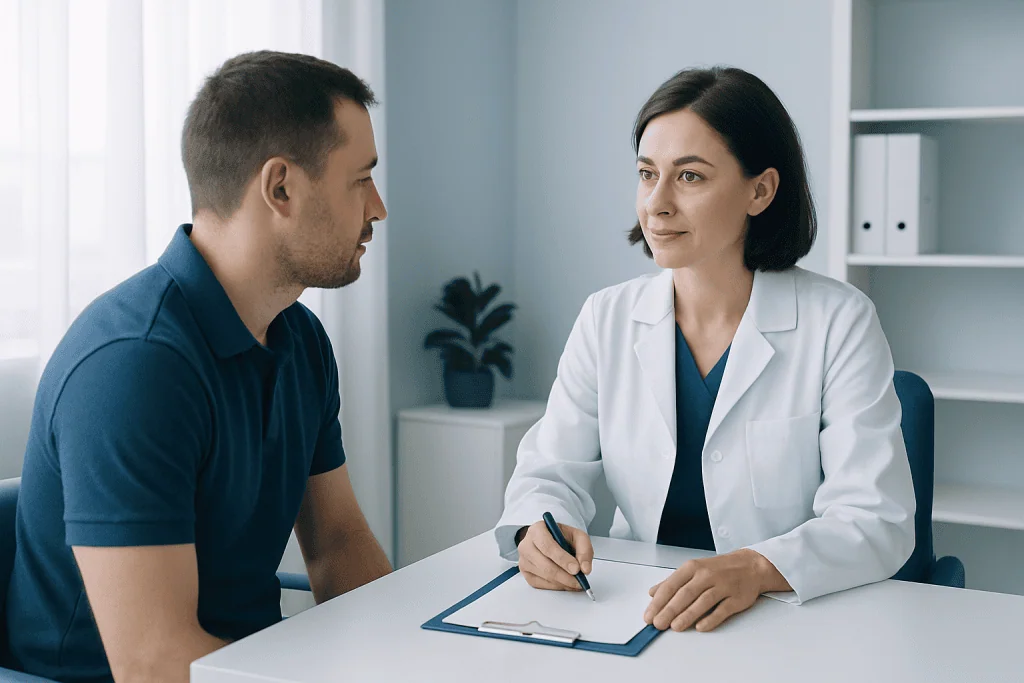Doctor consulting with patient in a medical office setting.