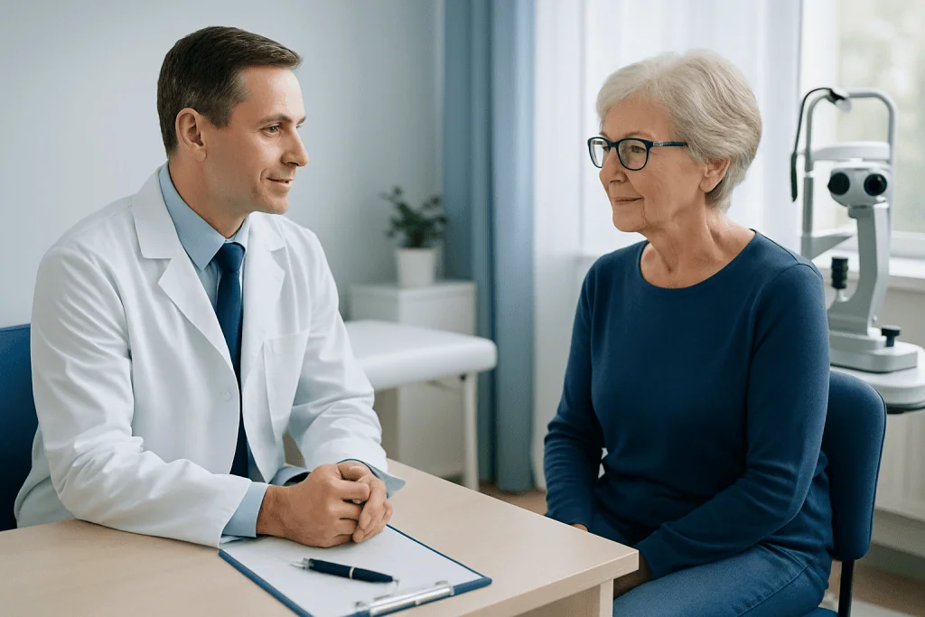 Ophthalmologist consulting an elderly woman in a medical office.