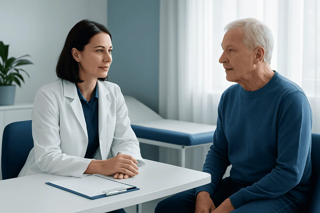 Doctor consulting with an elderly male patient in a medical office.