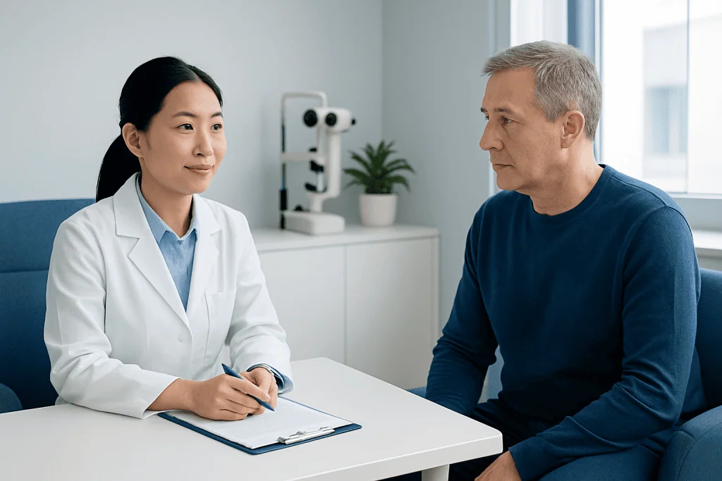 Doctor consulting with a patient in a modern medical office.