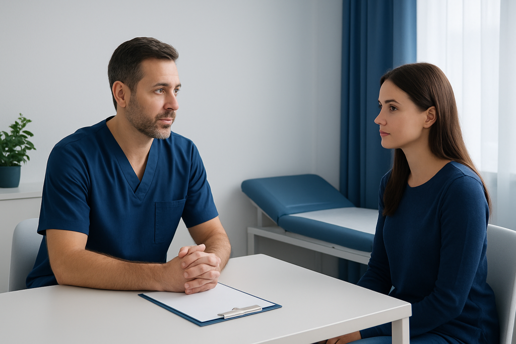 Doctor consulting with a patient in a medical office setting.