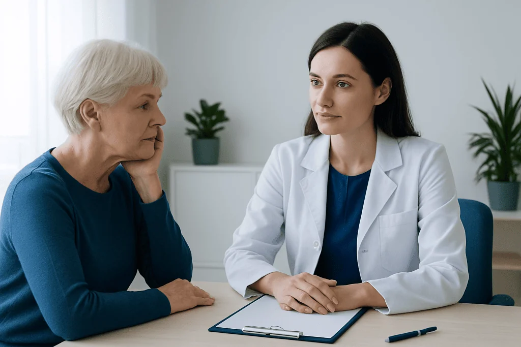 Doctor consulting with elderly patient in a medical office.