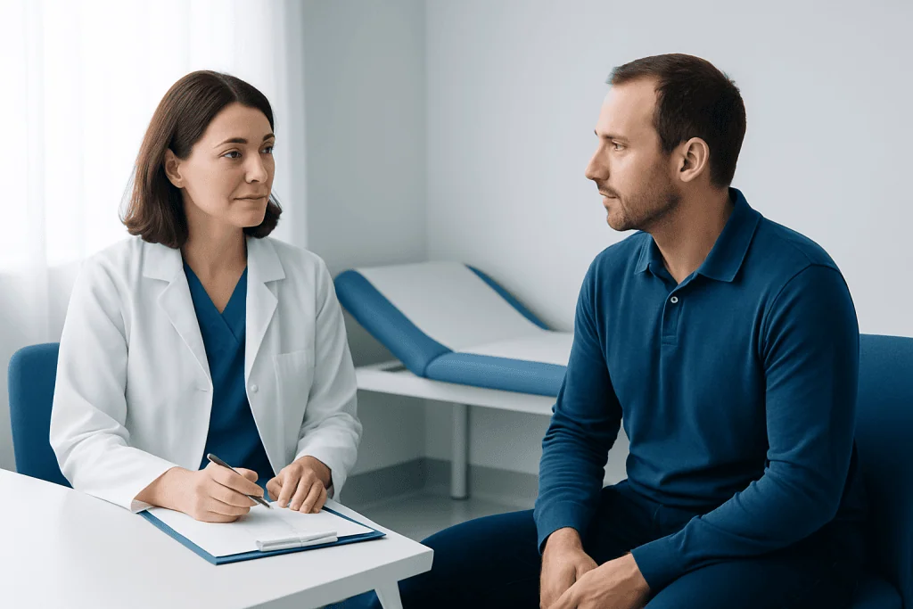 Doctor consulting with a patient in a medical office setting.