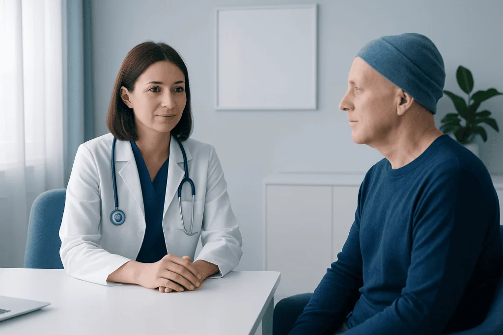 Doctor consulting with a male patient in a medical office.