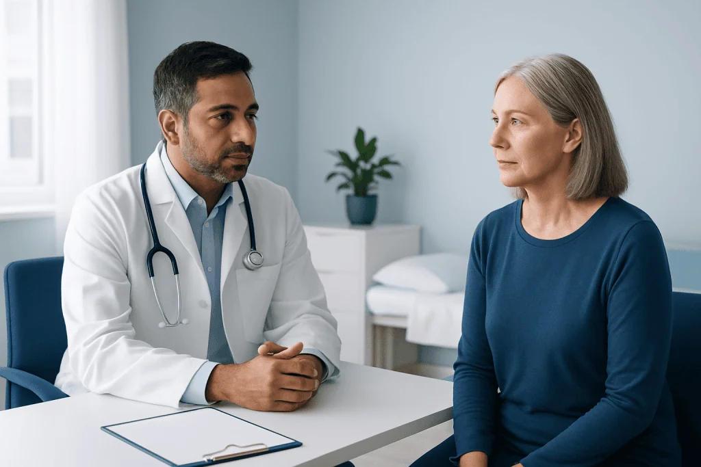Doctor consulting with a female patient in a medical office.