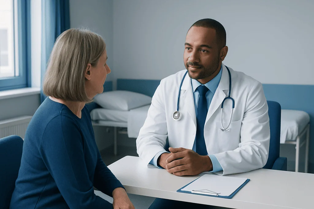 Doctor consulting with a female patient in a medical office.