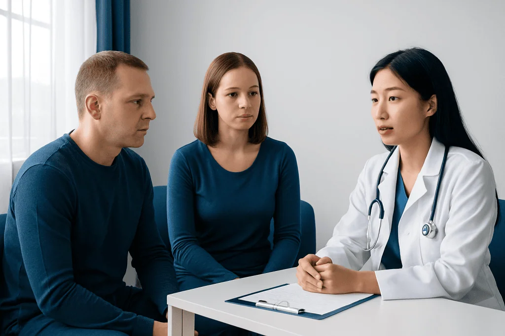 Doctor consulting with a male and female patient in a medical office.