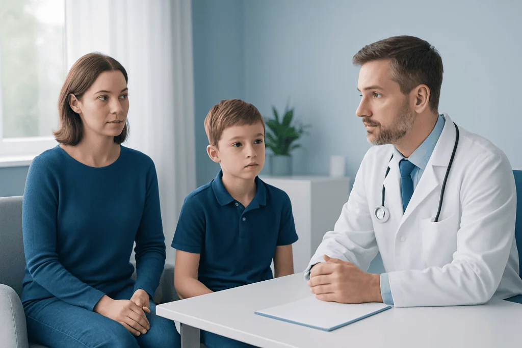 Doctor consulting with a mother and son in a medical office.