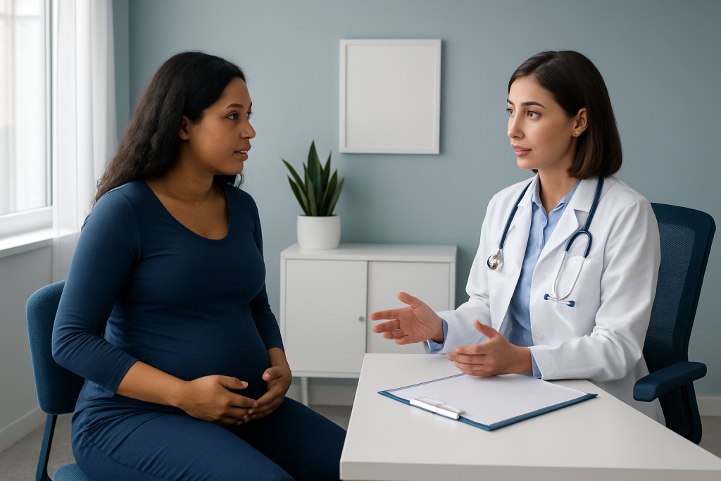 Doctor consulting pregnant woman in a medical office for childbirth exit procedure.