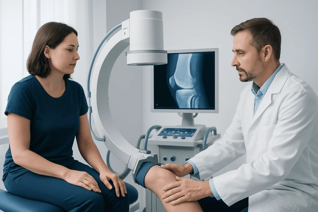 Orthopedic doctor examines patient's knee with imaging technology at Acibadem Hospital.
