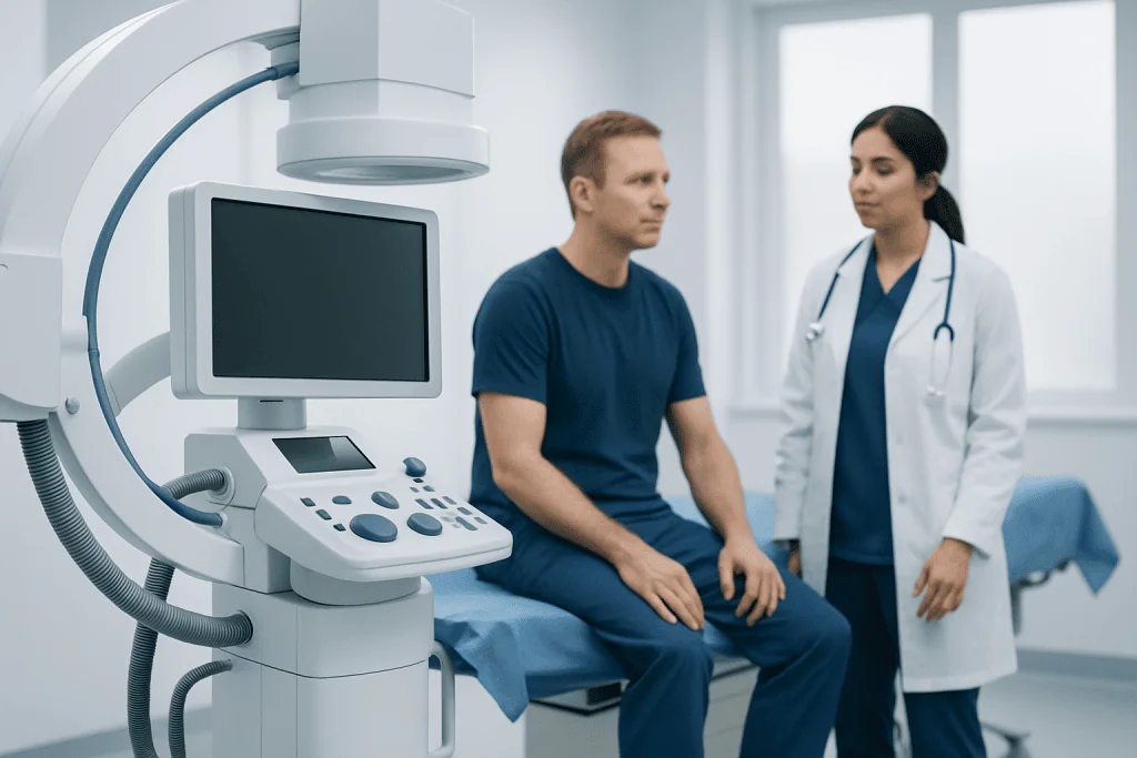 Patient undergoing diagnostic imaging with medical staff in a hospital.