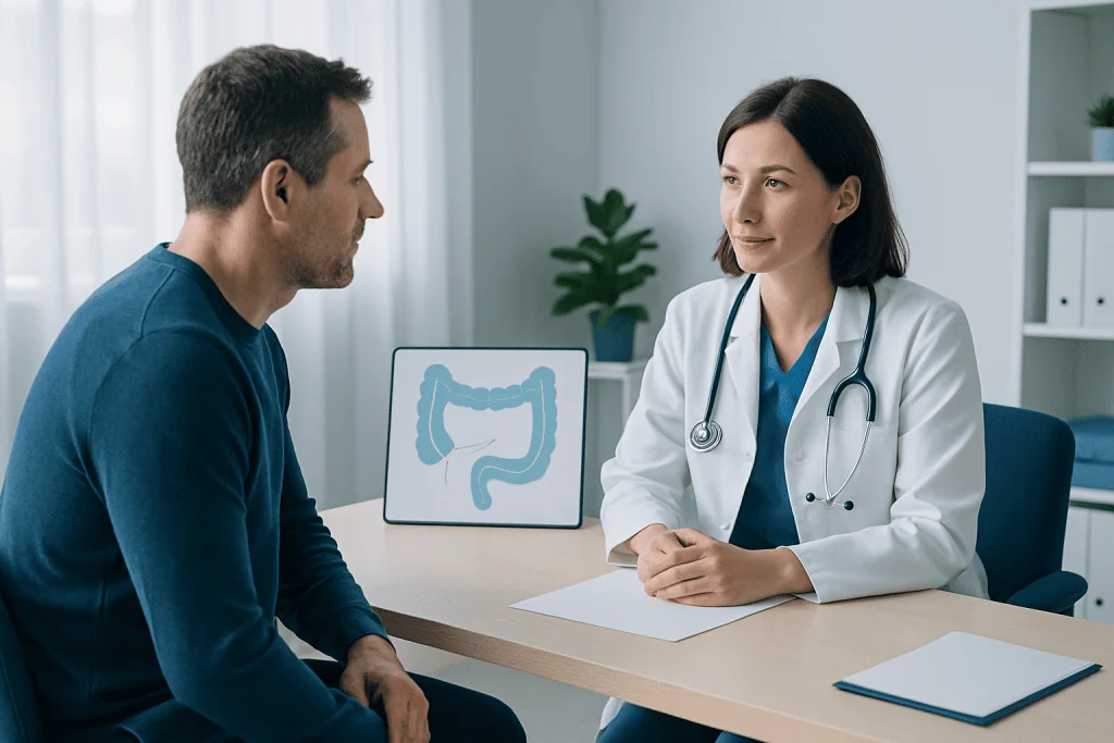 Doctor consulting with patient about colon health and procedures.