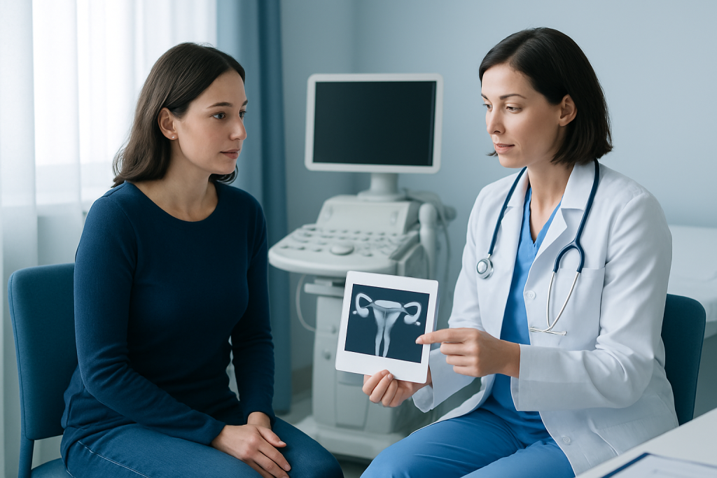 Gynecologist explains ultrasound results to a patient in a clinic setting.
