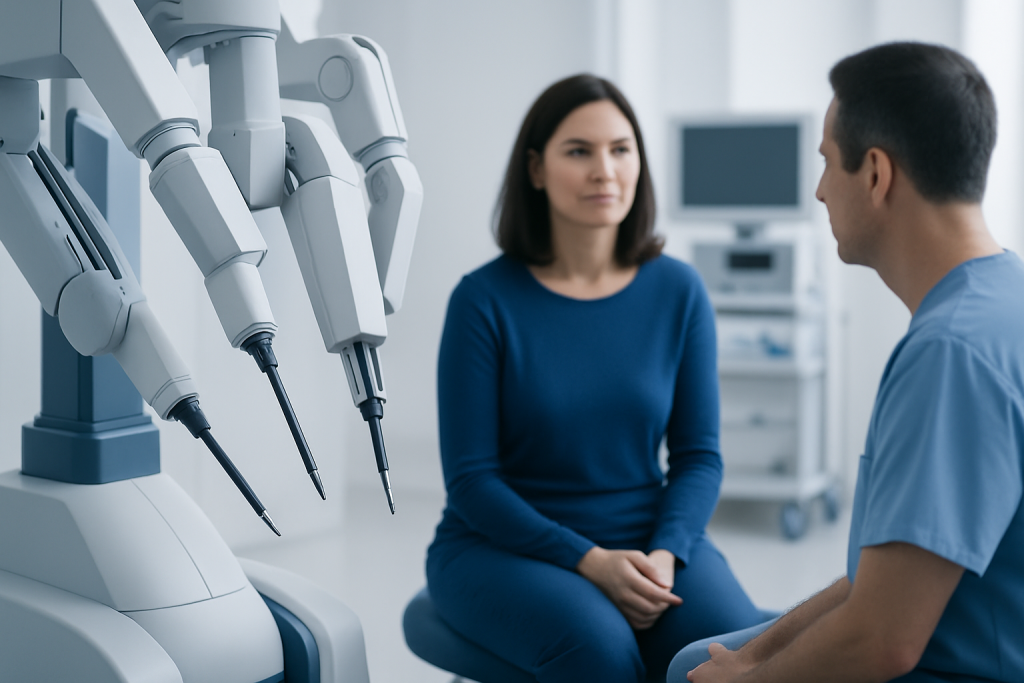 Medical consultation with robotic surgical equipment at Acibadem Hospitals.