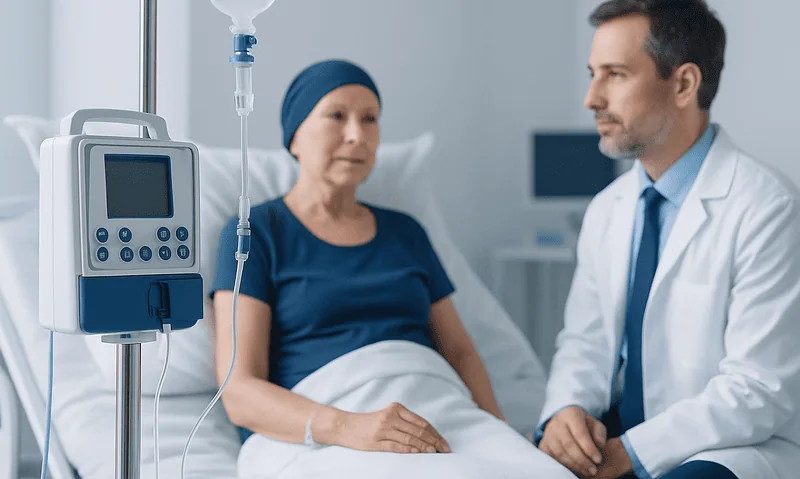 Doctor consulting a patient in hospital bed with IV drip.