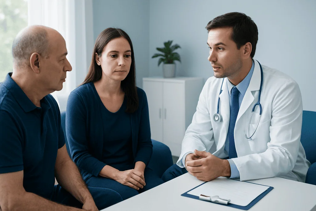 Doctor consulting with a male patient and a female companion in a medical office.