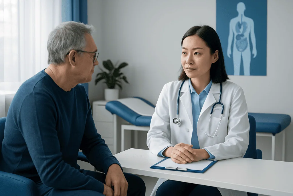 Doctor consulting with a patient in a medical office with anatomy chart in background.