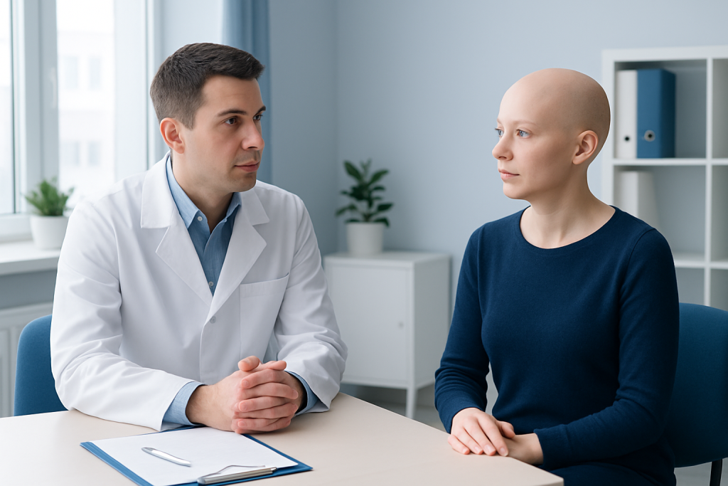 Doctor consulting with a patient in a modern medical office.