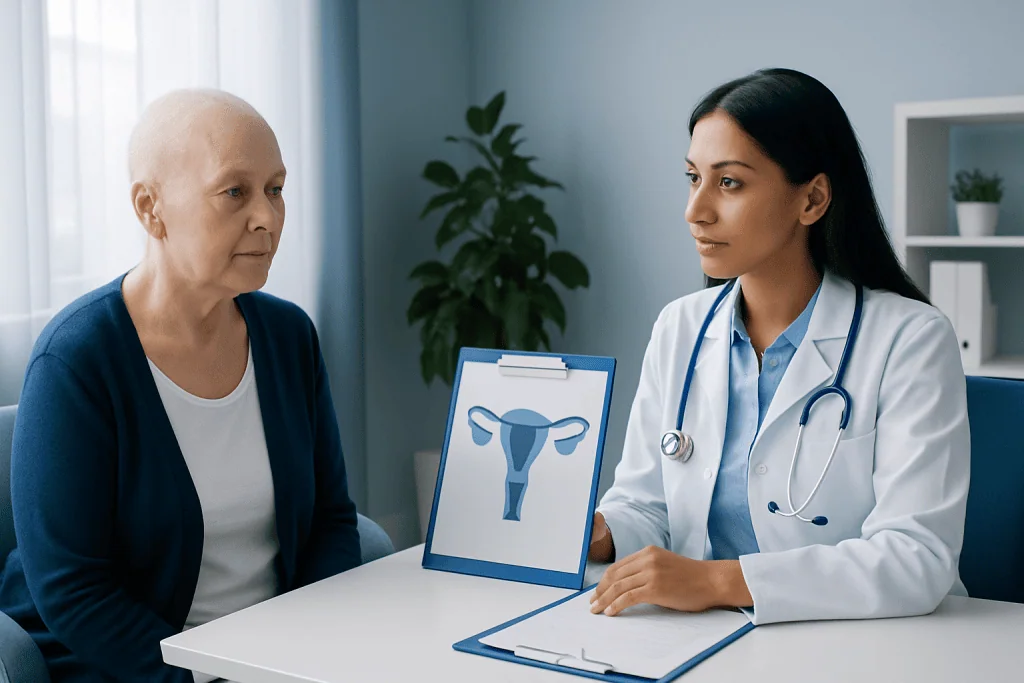 Gynecologist explaining treatment options to a patient with a uterine diagram.