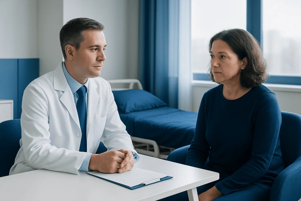 Doctor consulting with a female patient in a hospital room.