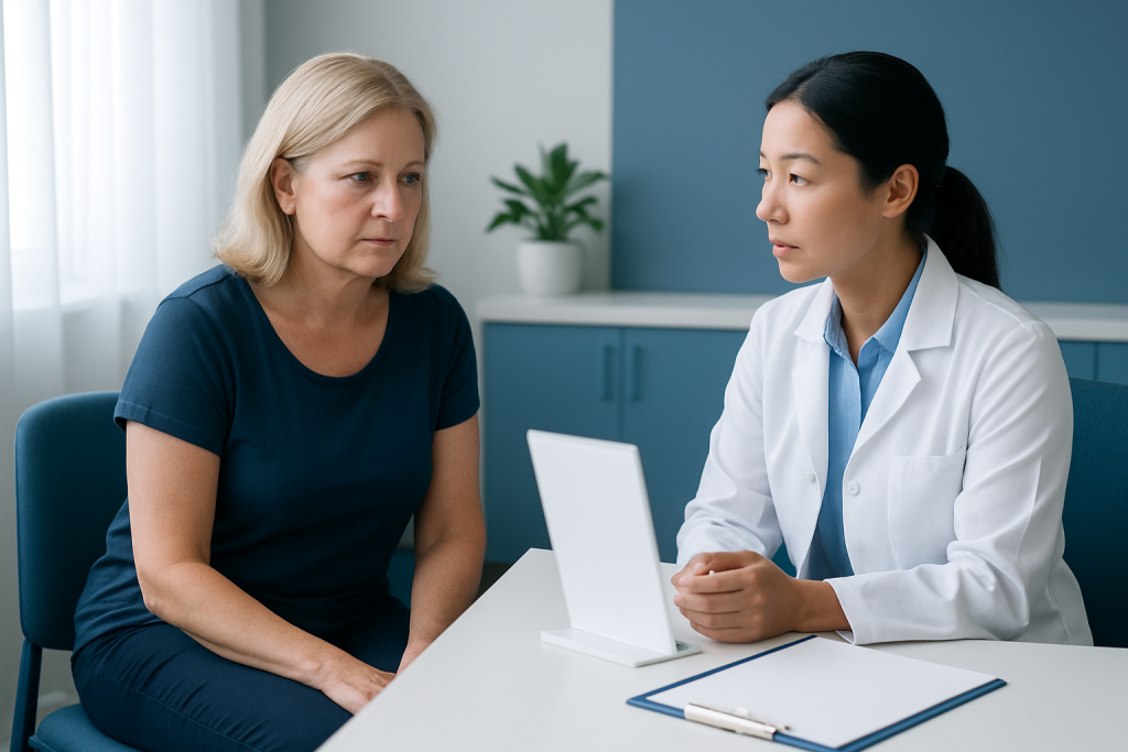 Doctor consulting with a female patient in a medical office.