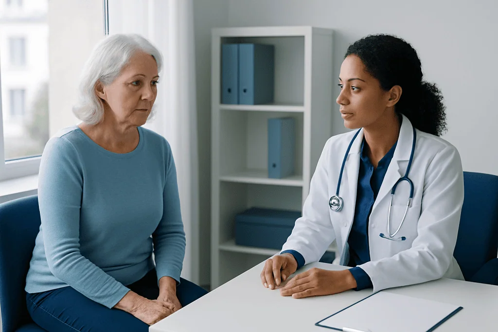 Doctor consulting with an elderly woman in a medical office.
