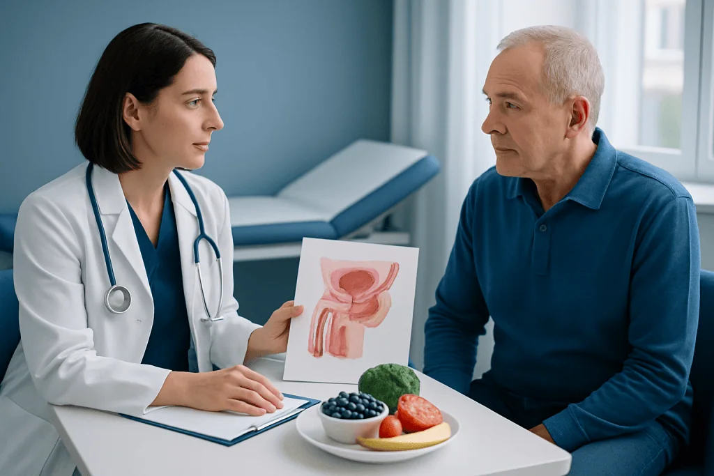Doctor explaining prostate health to an older male patient.