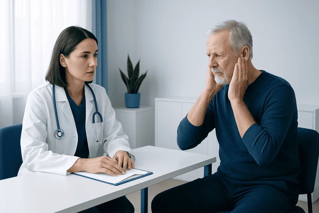Doctor consulting an elderly man about sudden hearing loss treatment.