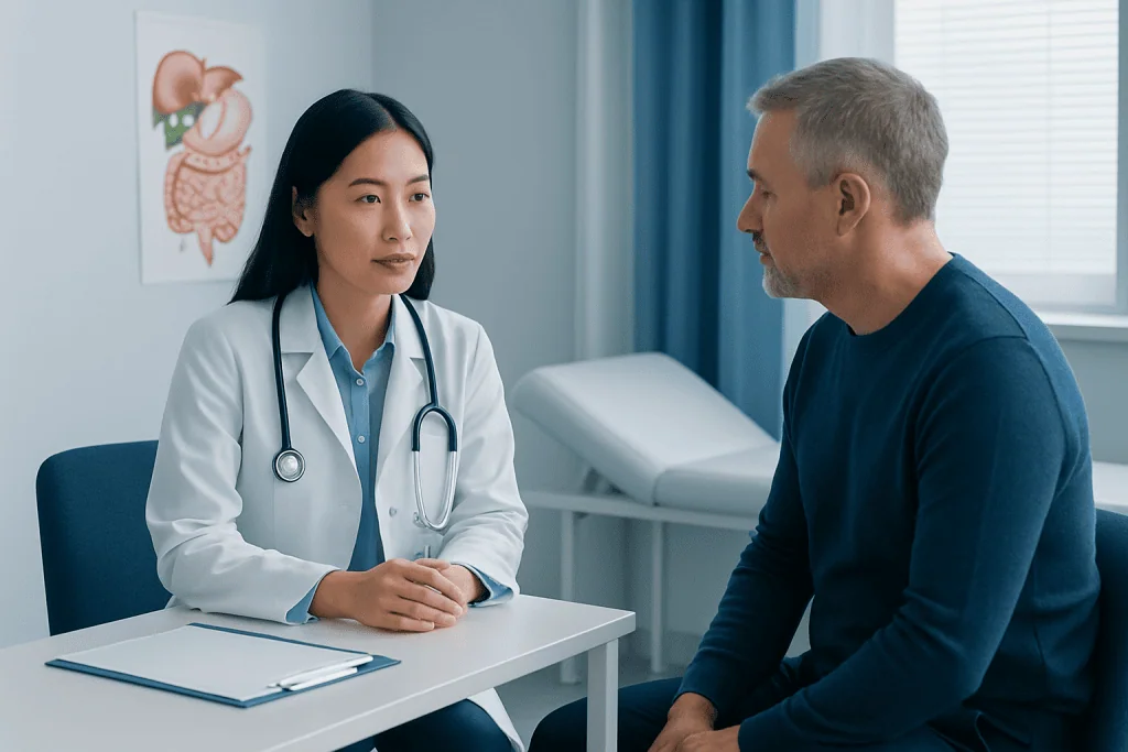 Doctor consulting with a male patient in a medical office setting.