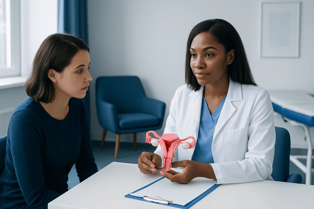 Gynecologist explaining uterine health to a patient in a clinic setting.