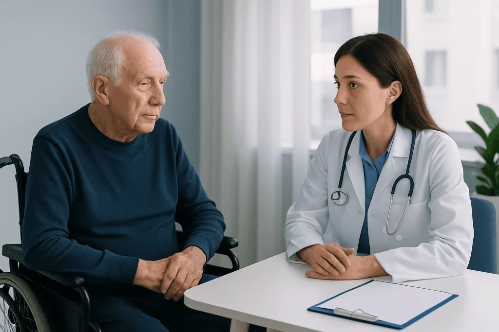 Elderly patient in consultation with a healthcare professional at a hospital.