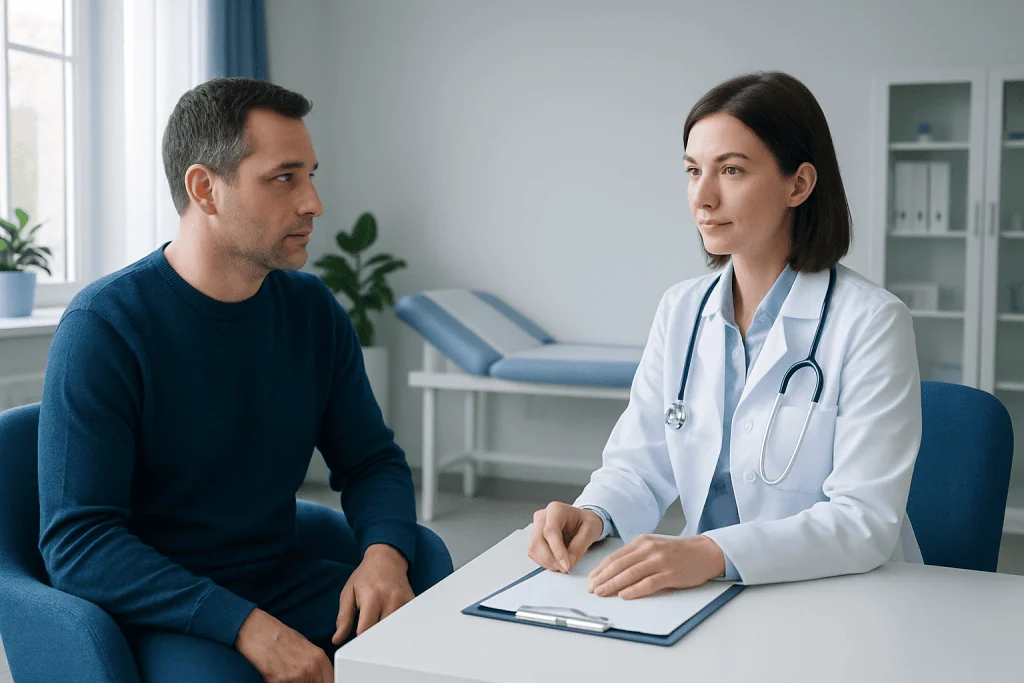 Doctor consulting with a male patient in a modern hospital room.