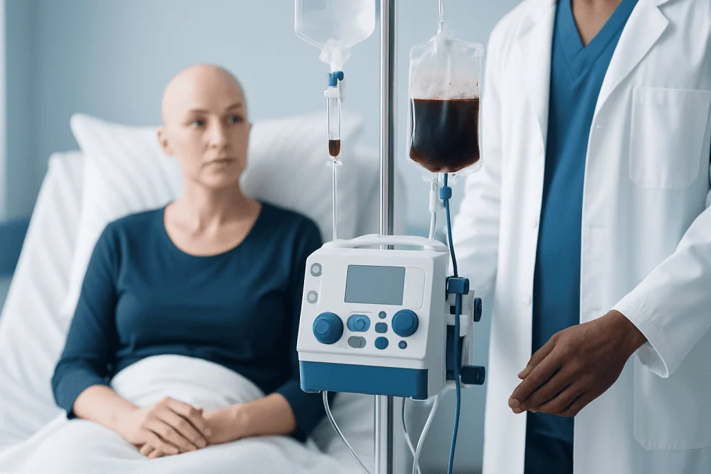 Patient receiving blood transfusion in hospital setting.