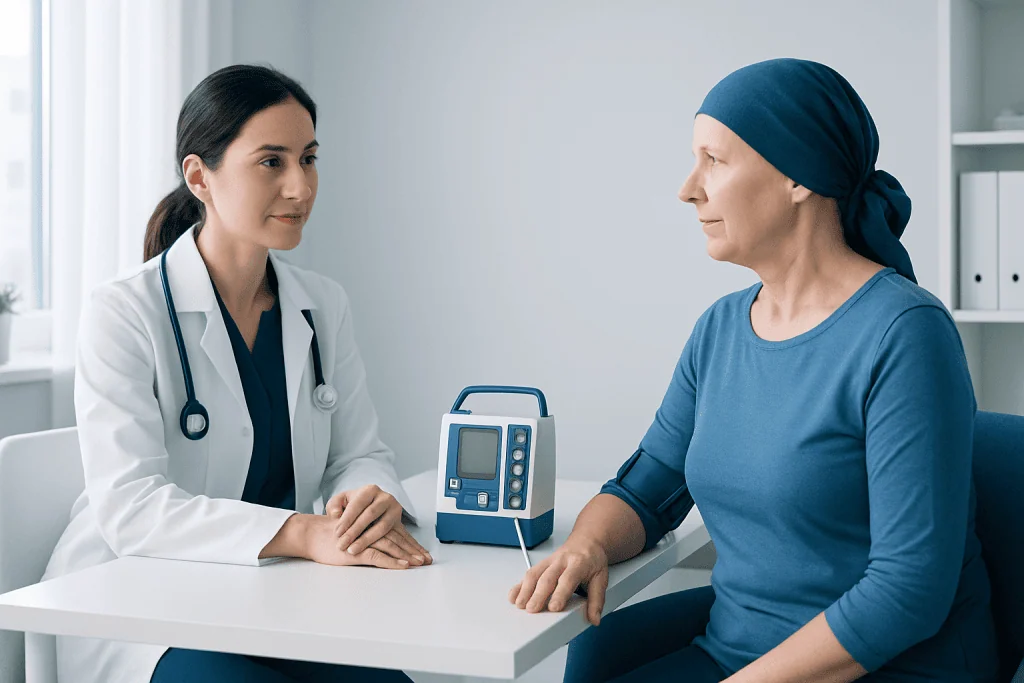 Doctor consulting a patient with chemotherapy pump in hospital room.