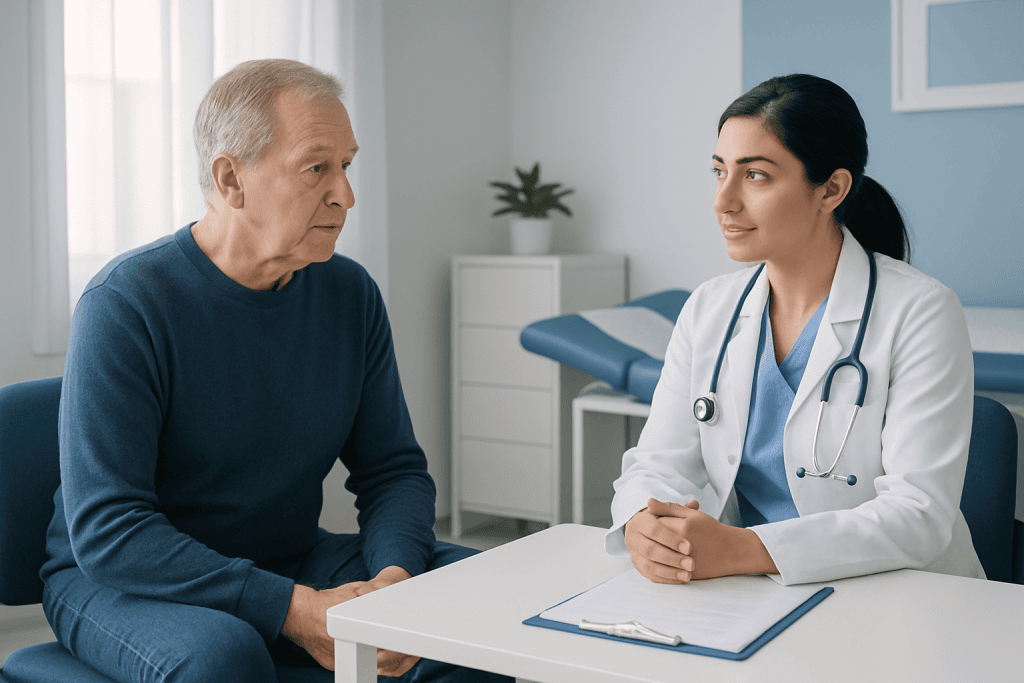 Doctor consulting with elderly patient in a medical office.