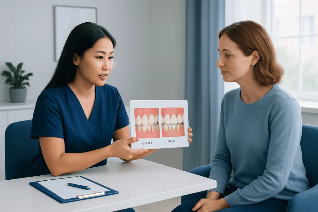 Dentist explains dental bridge options to patient with before and after images.